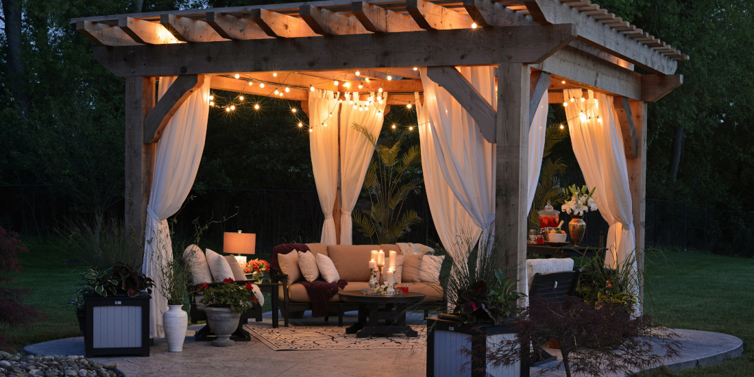 Pergola lit up at night